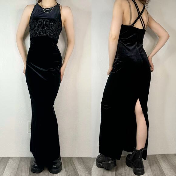 Vintage 90s Black Velvet Maxi Prom Formal Dress Gothic High Neck Whimsigoth - Picture 1 of 4